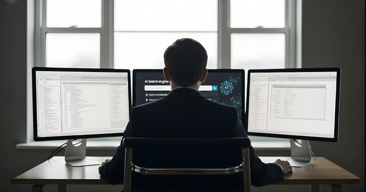 Lawyer working in front of three screens