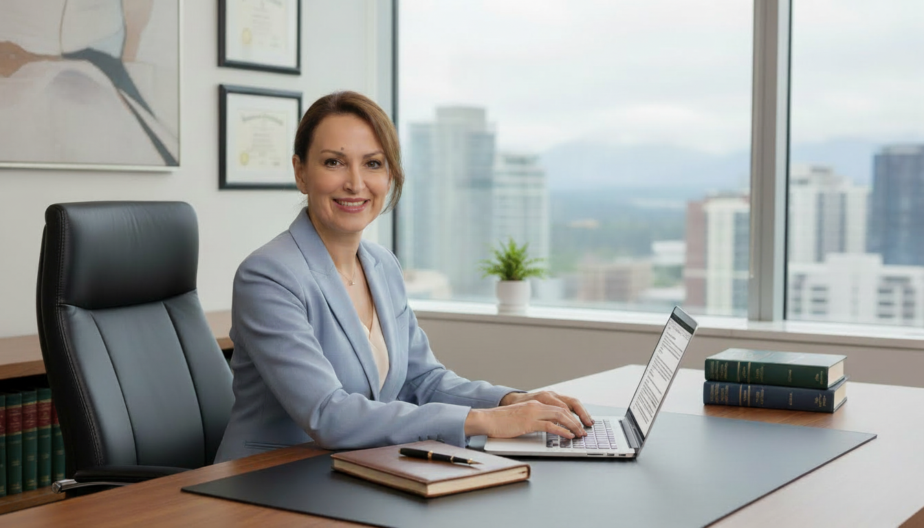 Alixe Cormick at desk.