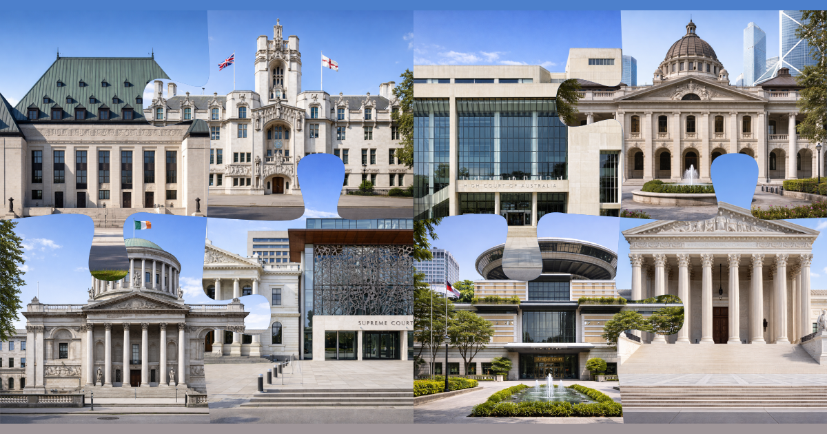 Eight common law court houses organized in a collage: Canada, United Kingdom, Ireland, Australia, New Zealand, Singapore, Hong Kong, and United States.