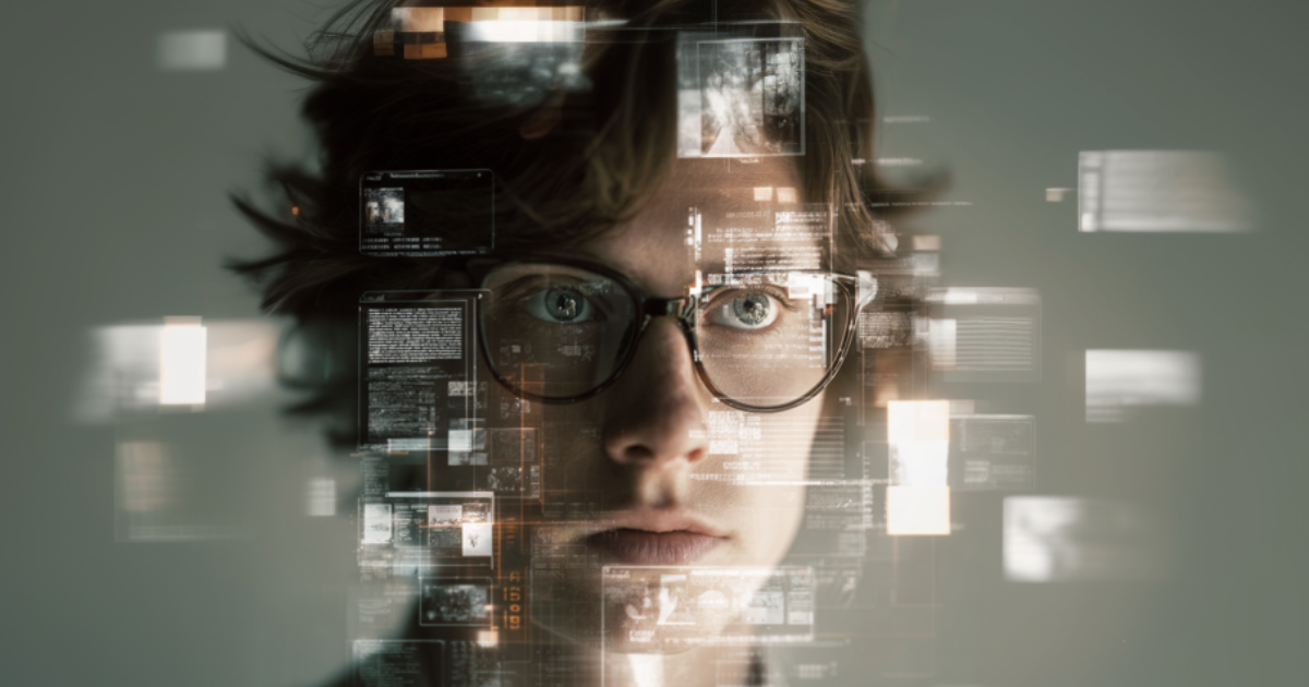 Woman looking at ghost like computer screen images
