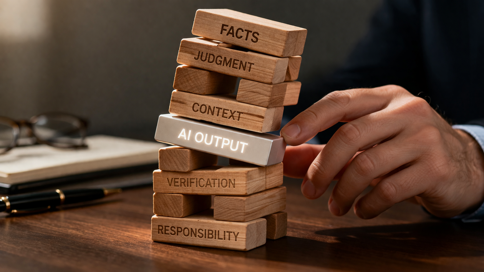 Jenga tower with blocks labelled facts, context, AI output, and responsibility, illustrating AI accountability in legal practice