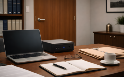 Office with a laptop and mini computer box on desktop. The door is closed to the office.