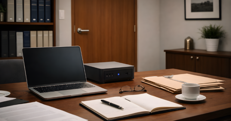 Office with a laptop and mini computer box on desktop. The door is closed to the office.