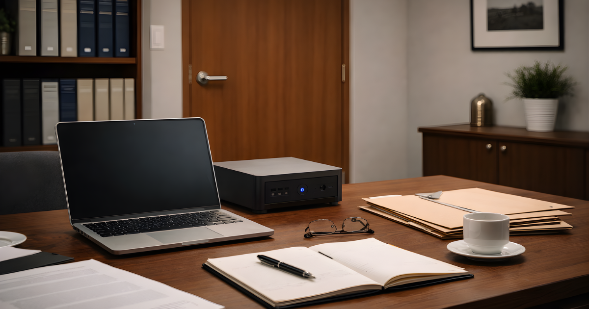 Office with a laptop and mini computer box on desktop. The door is closed to the office.