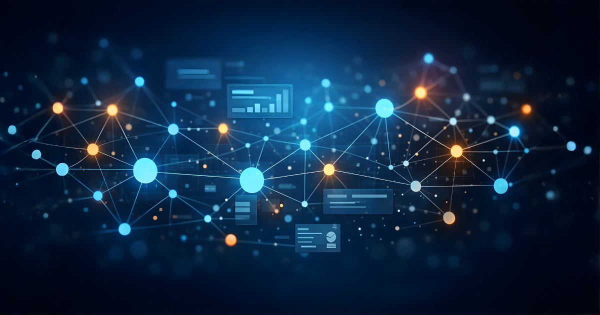 An abstract network of nodes and connections representing tools, platforms, and information flows.